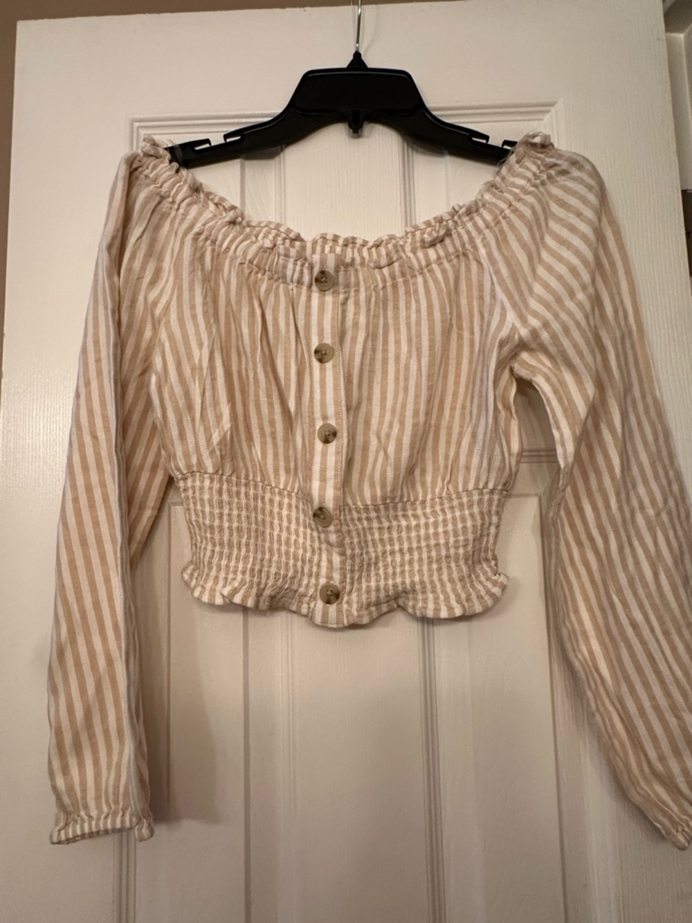 Aeropostale Beige and White Striped Off-Shoulder Smocked Crop Top